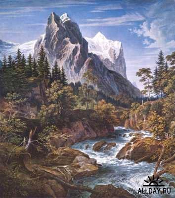 №402798 - горы, река, природа, пейзаж, живопись, деревья - оригинал