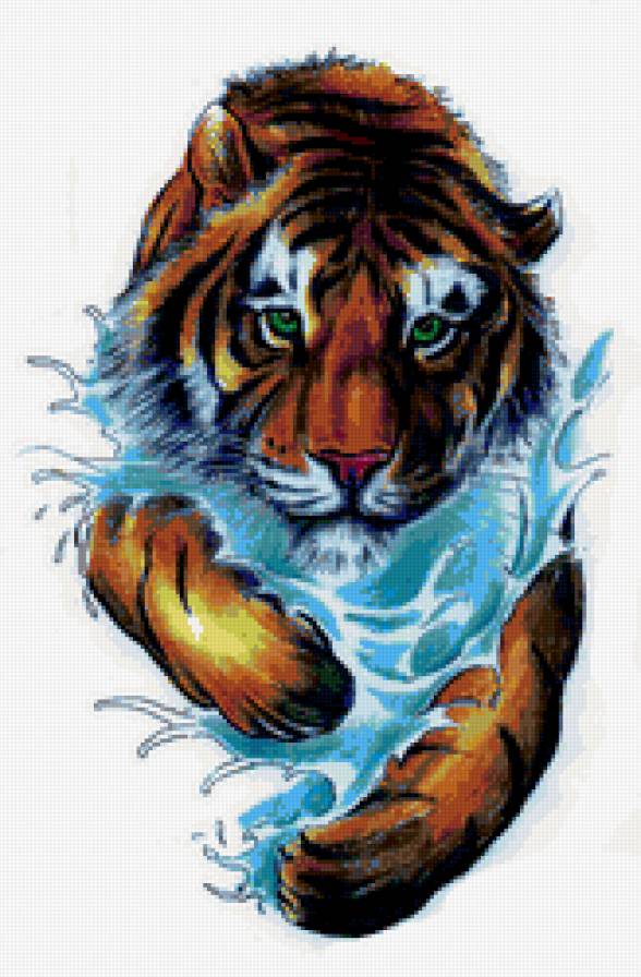 нападает - тигр, хищник, вода, живопись, взгляд - предпросмотр