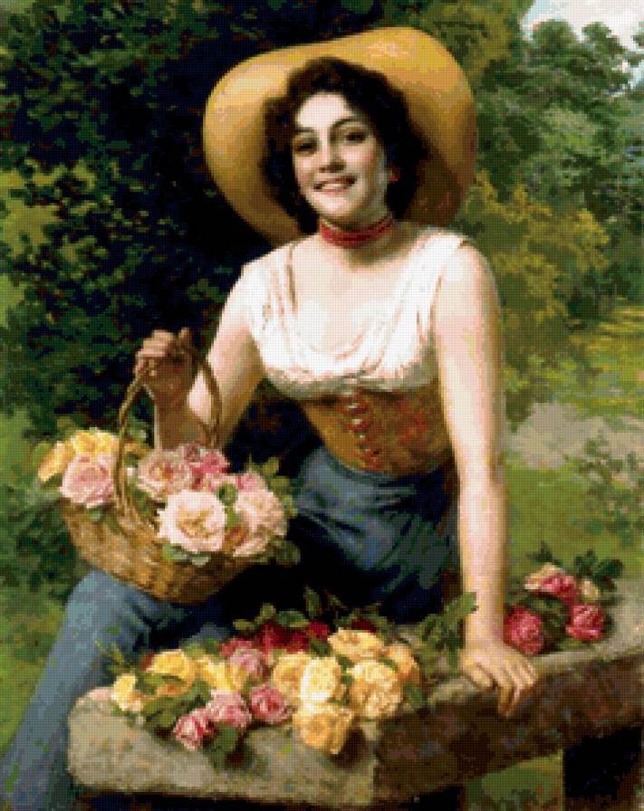 Корзина роз - девушка, цветы, женщина, розы, сад, женский образ - предпросмотр