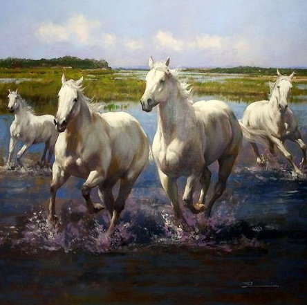 Белые лошади - конь, лошадь, природа, животные, река - оригинал