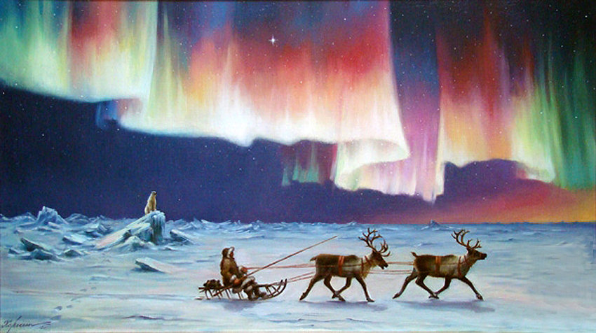 Северное сияние - эскимосы, зима, северное сияние, олени - оригинал