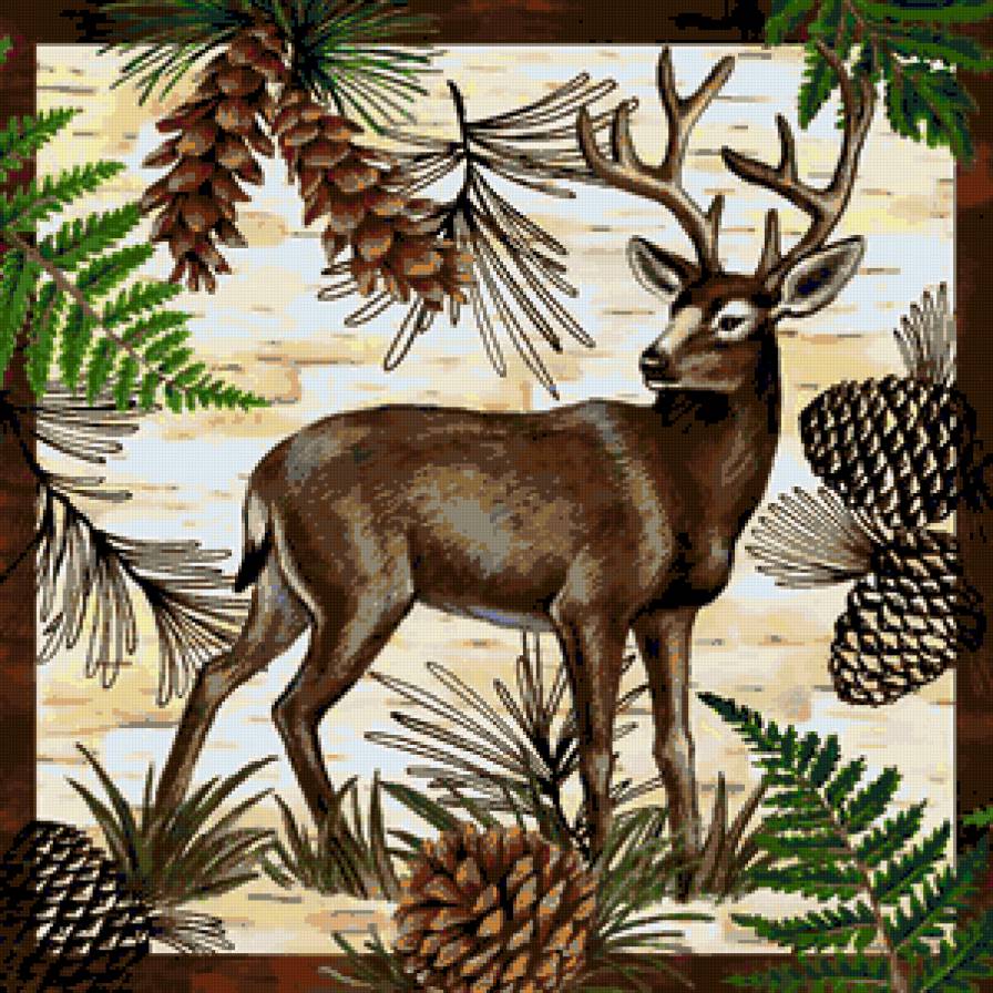 Подушка с Оленем - олень, елка, шишки, подушка, животные, сосна, лес, охота - предпросмотр