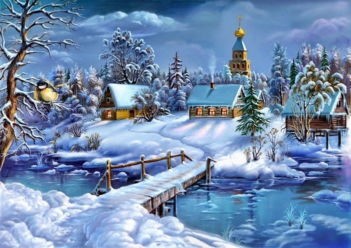 зимний пейзаж - пейзаж, зима, дома, деревья, церковь, река - оригинал