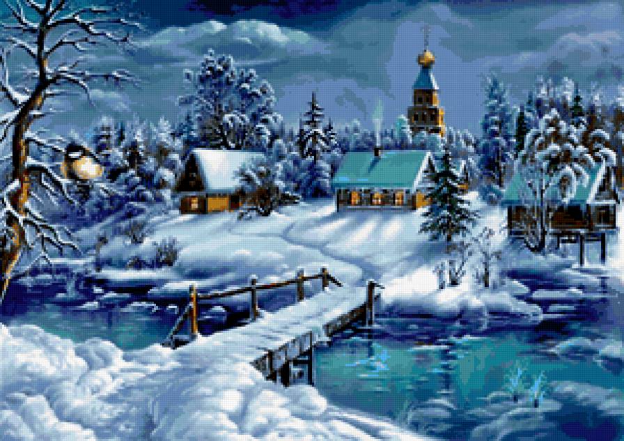 зимний пейзаж - зима, река, пейзаж, церковь, дома, деревья - предпросмотр