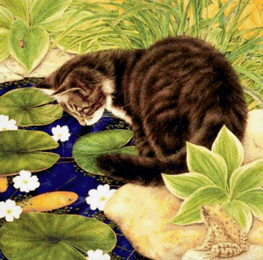 котенок - котенок, пейзаж, цветы, вода, рыба - предпросмотр