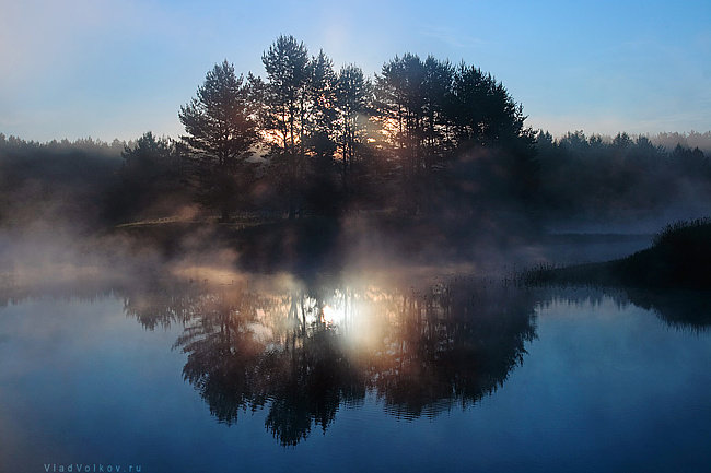 рассветт на озере - деревья, рассвет, озеро - оригинал