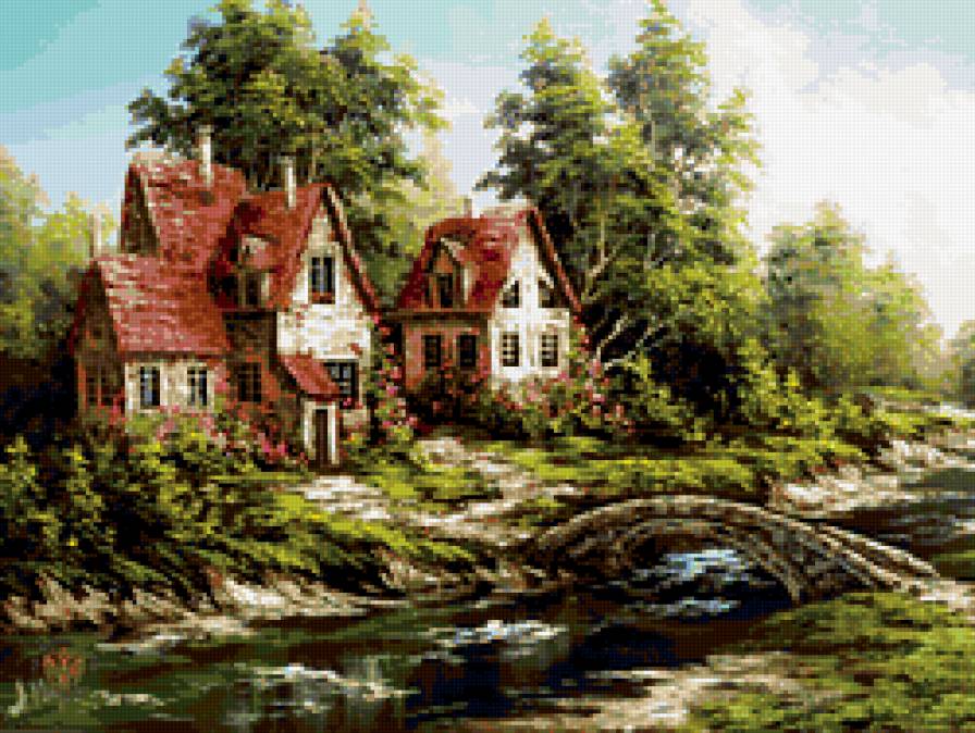 Дом у реки - пейзаж, мост, река, домик - предпросмотр