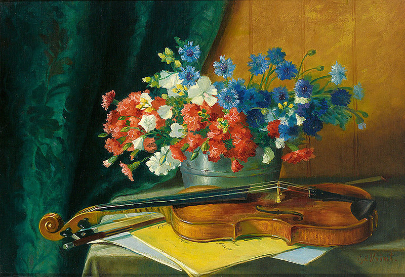 №406843 - букет, цветы, натюрморт, скрипка, живопись - оригинал