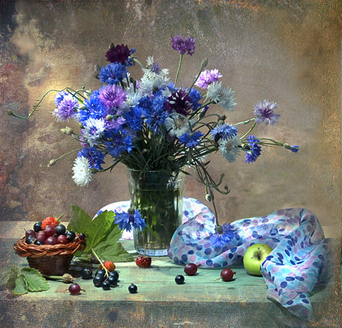 васильки - букет, ягоды, натюрморт, васильки, цветы - оригинал