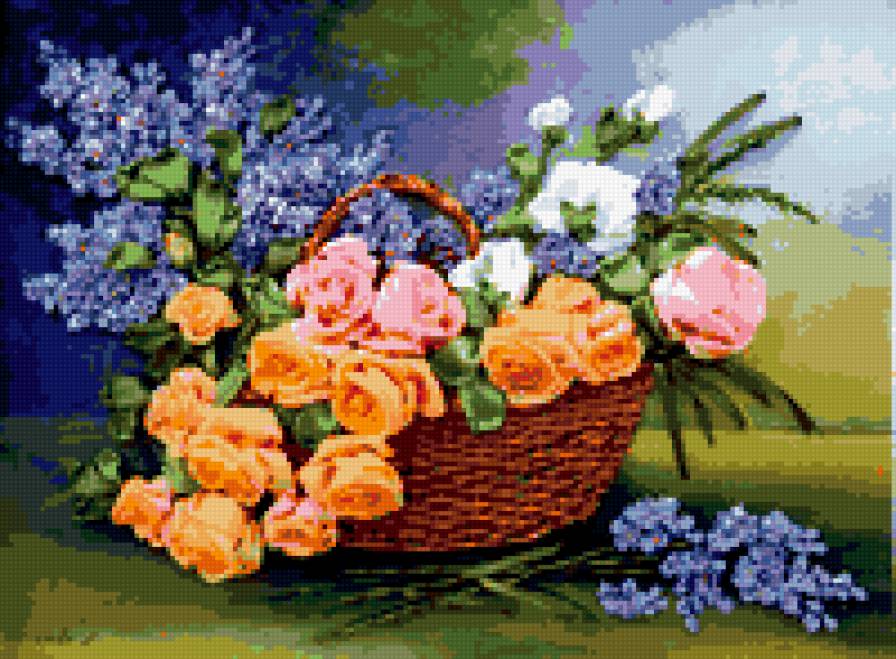 розы и сирень в корзине - цветы - предпросмотр