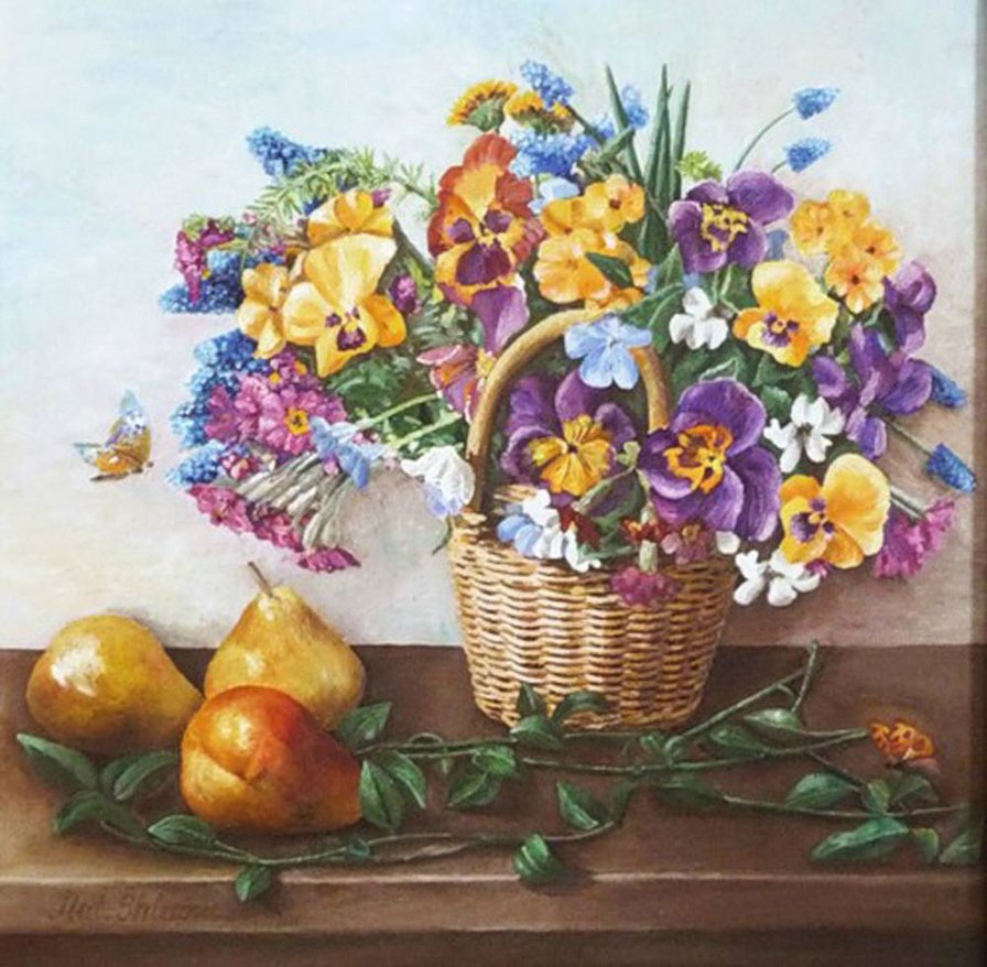 №407996 - шлома н.н., натюрморт, букет, цветы, фиалки, фрукты - оригинал