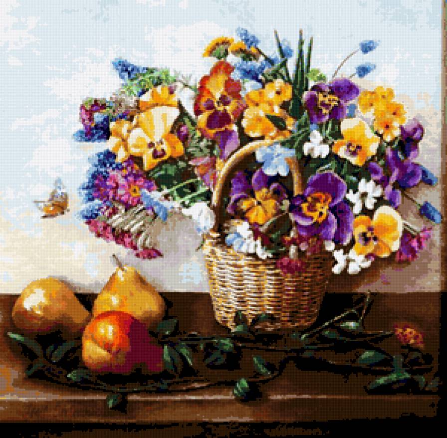 №407996 - фиалки, натюрморт, шлома н.н., цветы, фрукты, букет - предпросмотр
