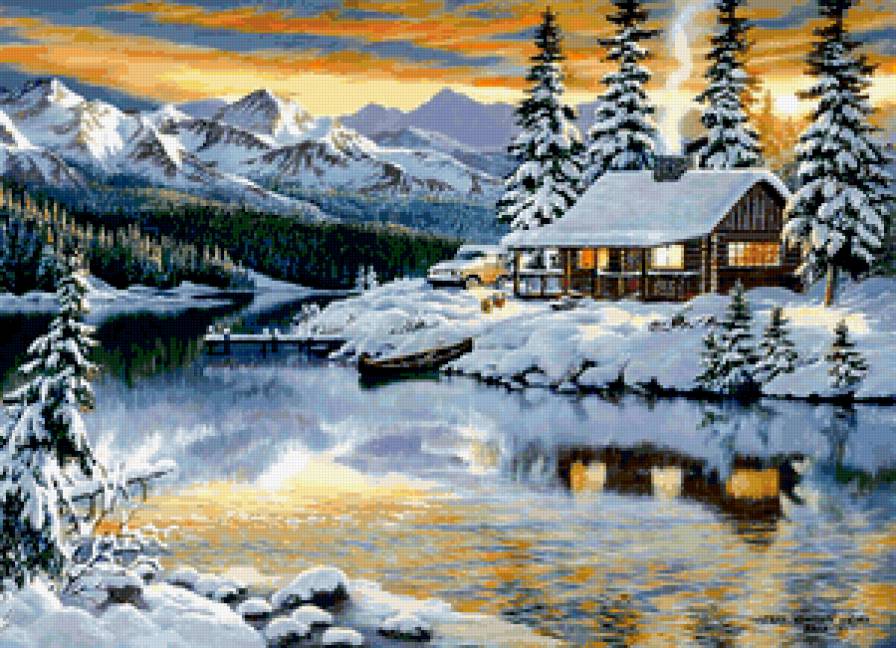 зимний пейзаж - дом, река, природа, зима, лес, снег - предпросмотр