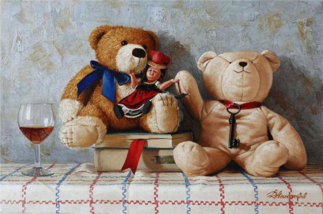 Мишки с куклой (художник Д.Анненков) - игрушки, мишки, кукла - оригинал