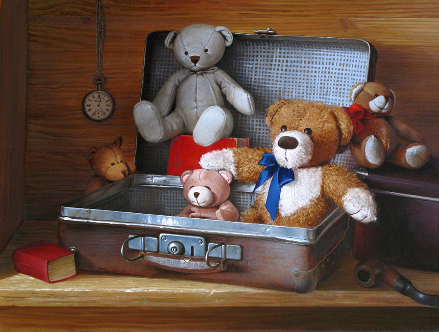 Мишки в чемодане (худ. Д.Анненков) - медвежата, игрушки, мишки - оригинал