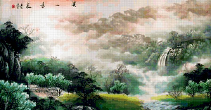 Китайский пейзаж - пейзаж, китай, восток, водопад, китайская живопись, горы - предпросмотр