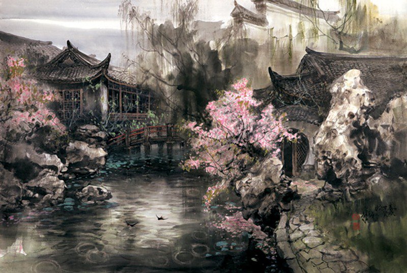 Цветущая сакура - восток, сакура, улица, мост, цветы, китай, пейзаж, река - оригинал