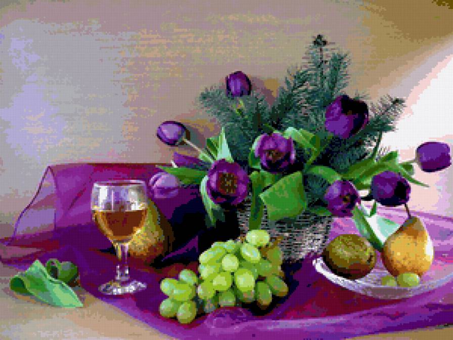 №408453 - натюрморт, inna korobova, фрукты, цветы, букет, тюльпаны - предпросмотр