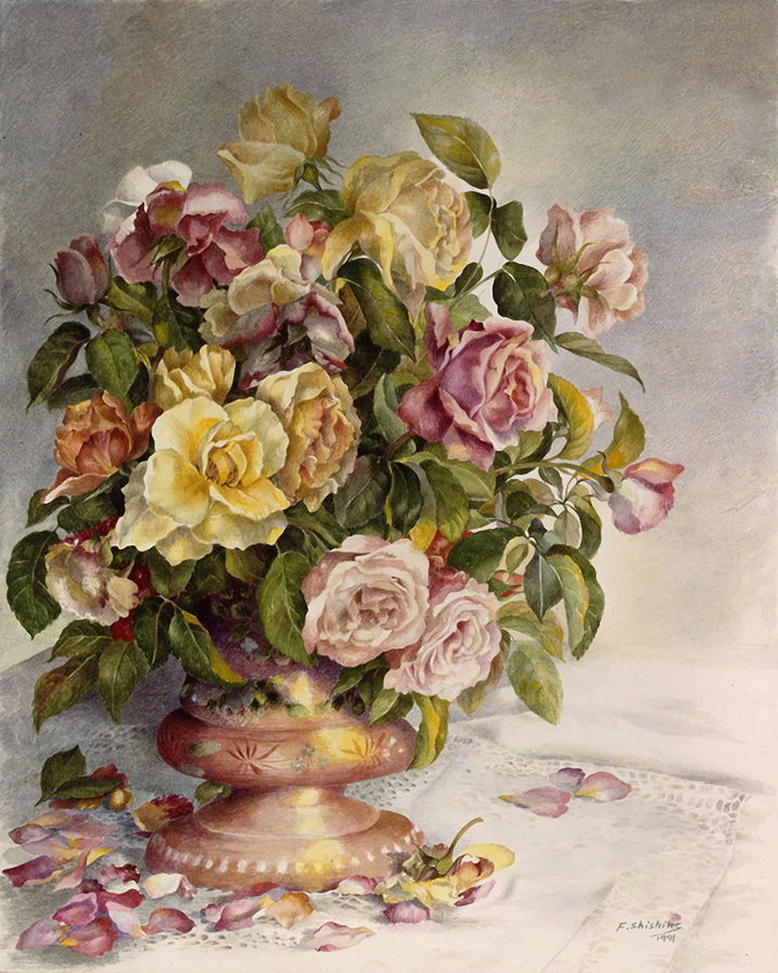 винтажные розы - ваза, букет, цветы, картина, розы - оригинал