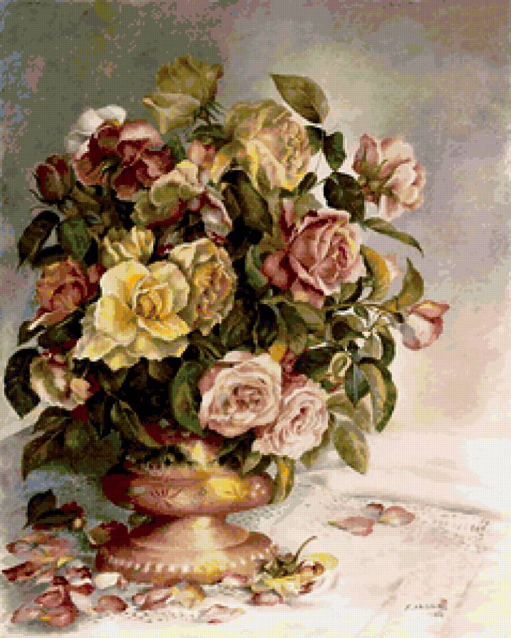 винтажные розы - картина, розы, цветы, букет, ваза - предпросмотр