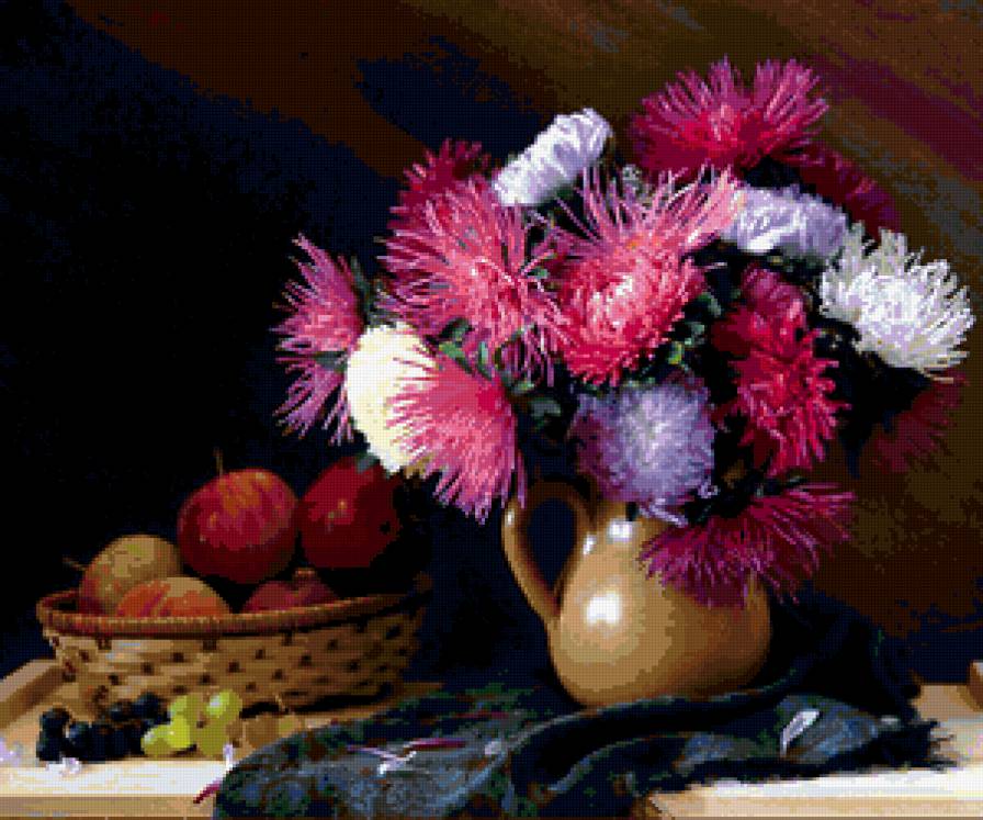 Цветы и натюрморты от Юлии Овчинниковой - букет, цветы, фрукты, яблоки, натюрморт, астры - предпросмотр