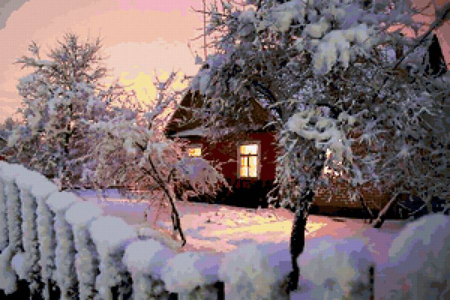 зимний дом - зима, дом, вечер, снег - предпросмотр