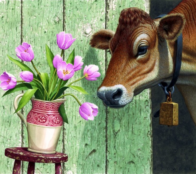 худ.r .cowdrey - корова, цветы - оригинал
