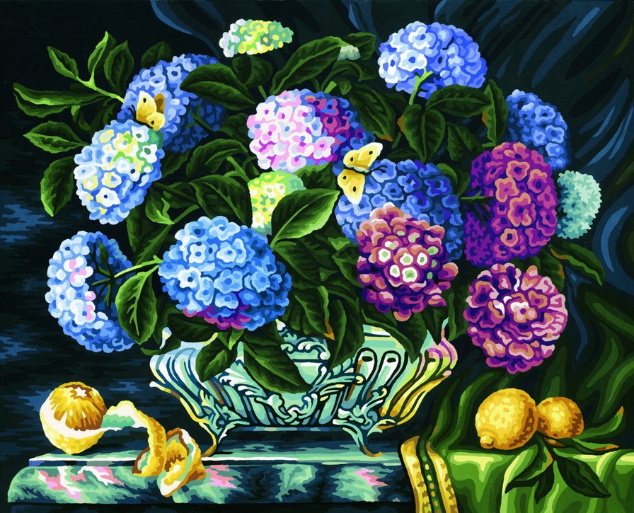 Серия "Букет" - цветы, лимоны, натюрморт, букет, гортензии - оригинал