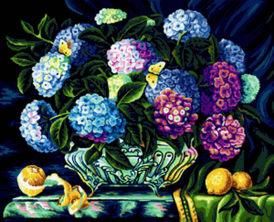 Серия "Букет" - лимоны, натюрморт, цветы, гортензии, букет - предпросмотр