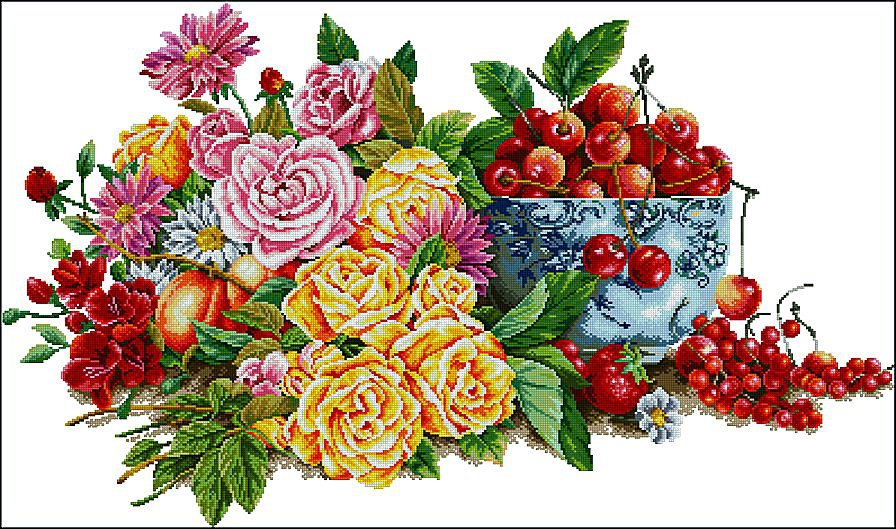 Щедрость лета - фрукты, розы, лето, цветы, ягоды - оригинал