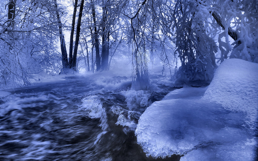 Зима - водопад, лес, зима, лед - оригинал