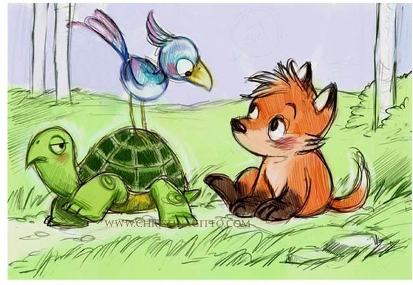 Детский рисунок - черепаха, птица, рисунок, лиса - оригинал