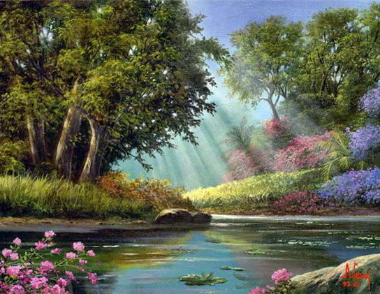 Утро на реке - утро, цветы, дерево, пейзаж, река - оригинал