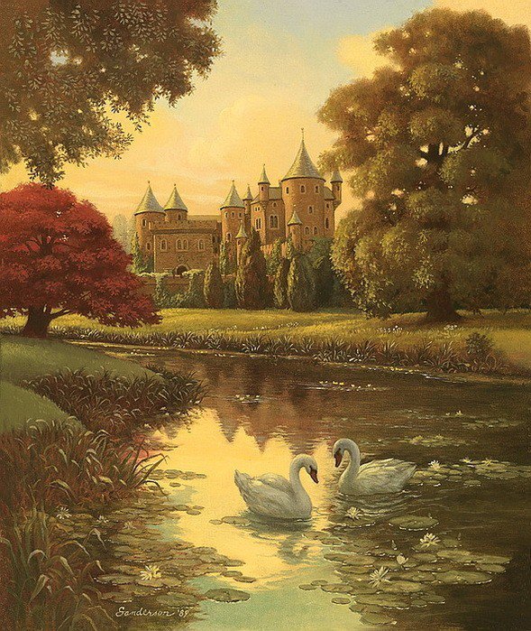 Замок с лебедями - озеро, лебеди, замок, пара, пейзаж, птицы - оригинал