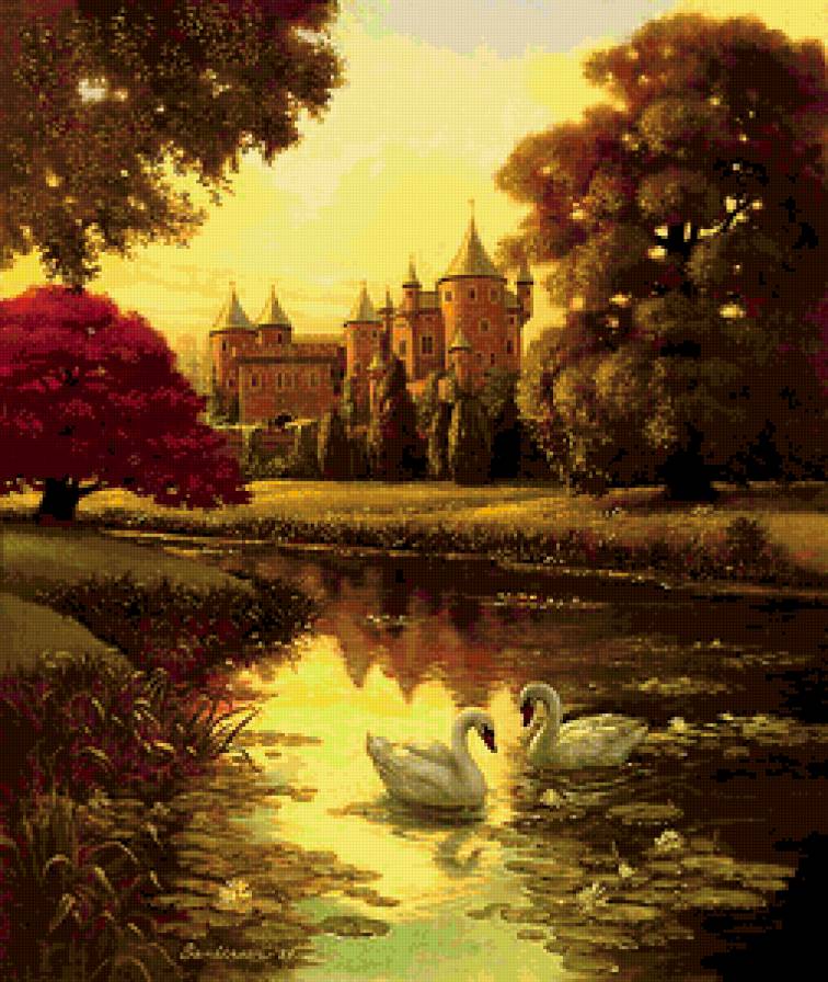 Замок с лебедями - птицы, замок, озеро, лебеди, пара, пейзаж - предпросмотр