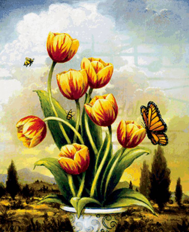 Тюльпаны - тюльпан, ваза, цветы, бабочка - предпросмотр
