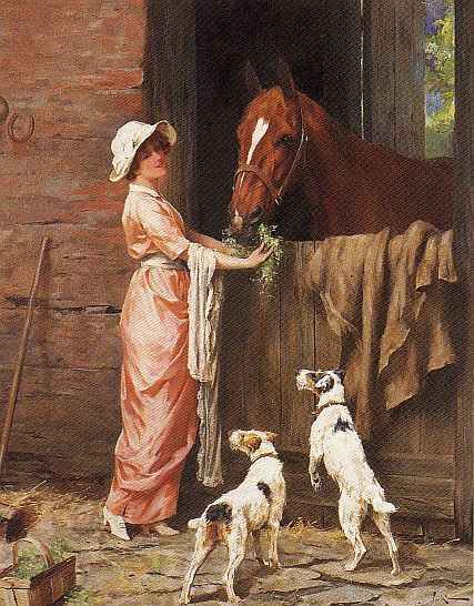 девушка с собачками - собачки, девушка, лошадь, живопись - оригинал