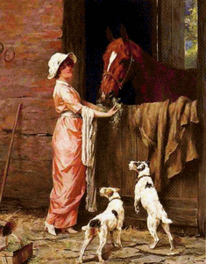 девушка с собачками - собачки, лошадь, живопись, девушка - предпросмотр