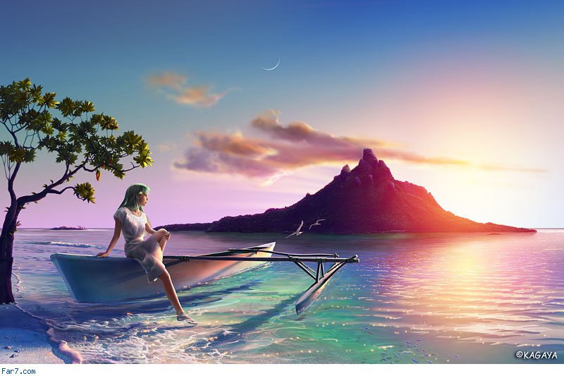 Фантастическая картина Ютака Кагая - любовь, мечта, остров, закат - оригинал