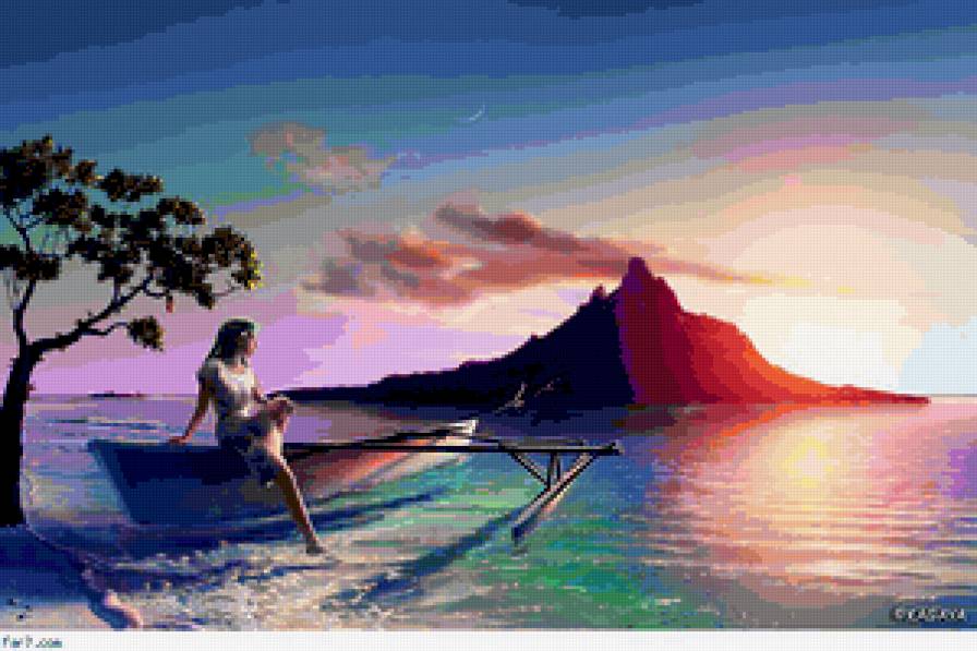 Фантастическая картина Ютака Кагая - остров, любовь, закат, мечта - предпросмотр