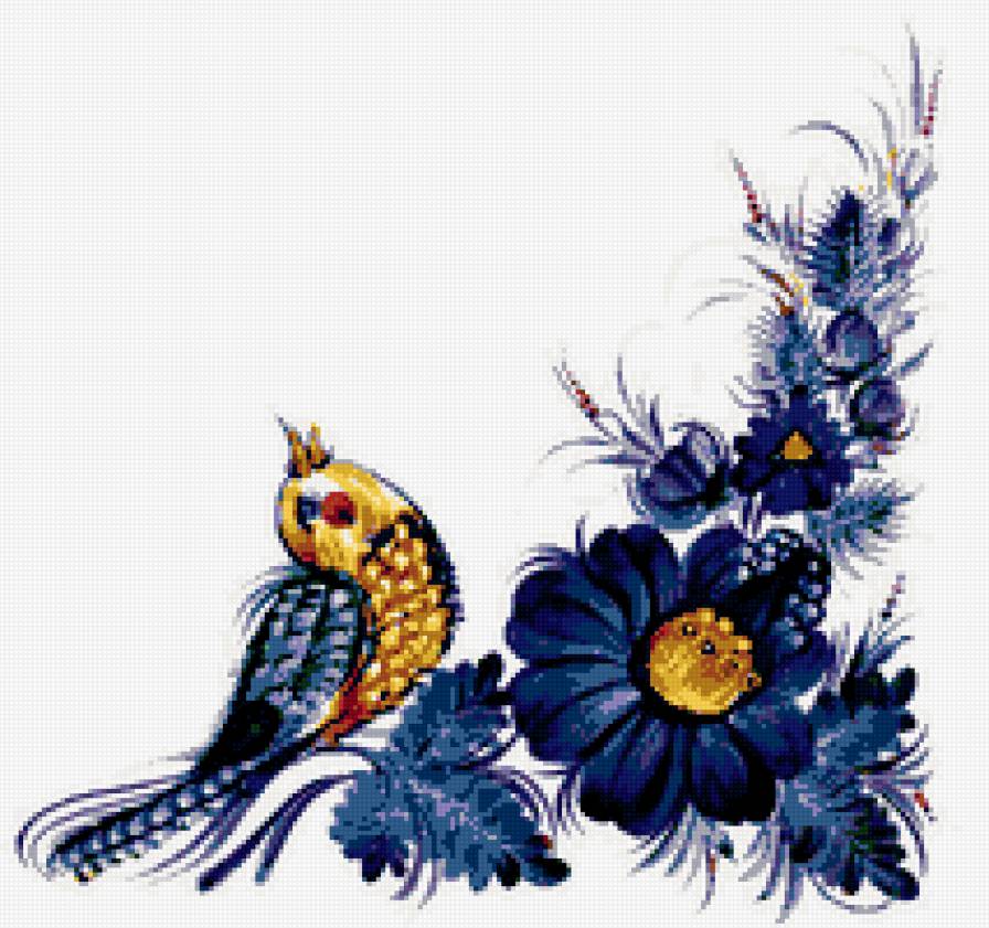 Птица на цветах - птицы, цветы - предпросмотр