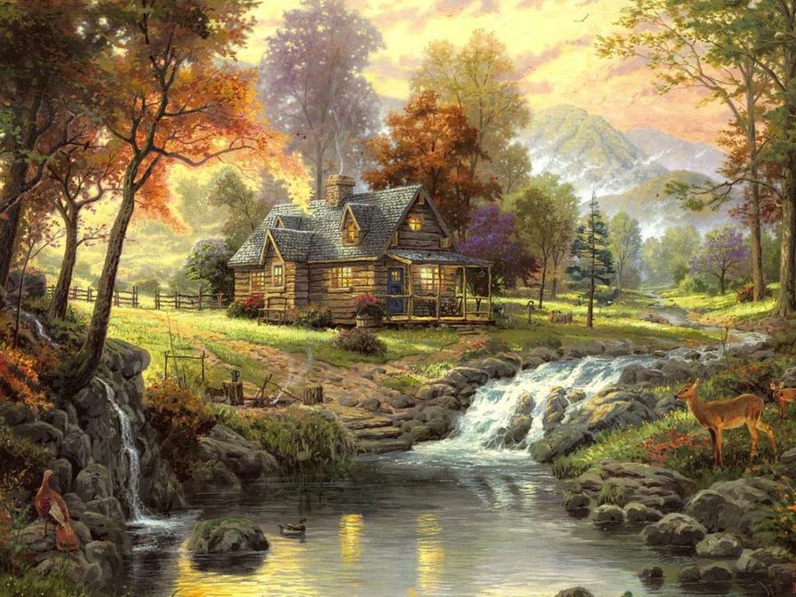 Домик у ручья - ручей, горы, река, пейзаж, дом, лес, закат - оригинал