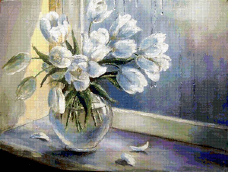 Белые тюльпаны - цветы, тюльпан, букет, ваза, натюрморт - предпросмотр