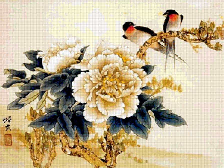 Белый пион - цветы, китай, восток, ласточки, пион, птицы - предпросмотр