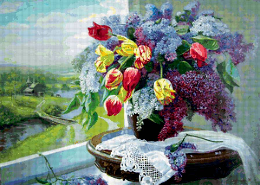 Летний букет - букет, цветы, сирень, тюльпаны, ваза, натюрморт - предпросмотр