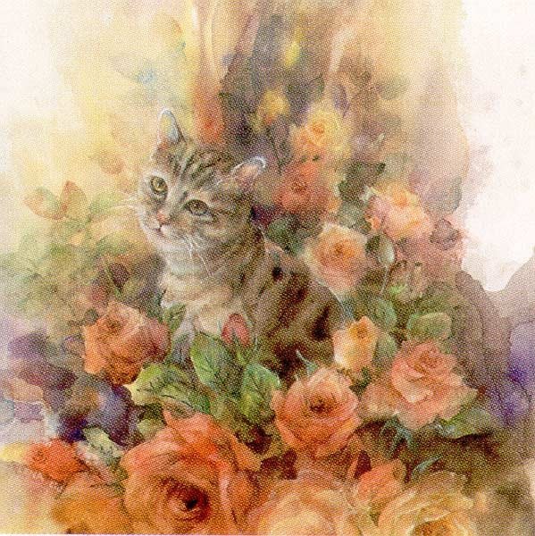 Кошка в розах - цветы, кот, кошка, розы - оригинал