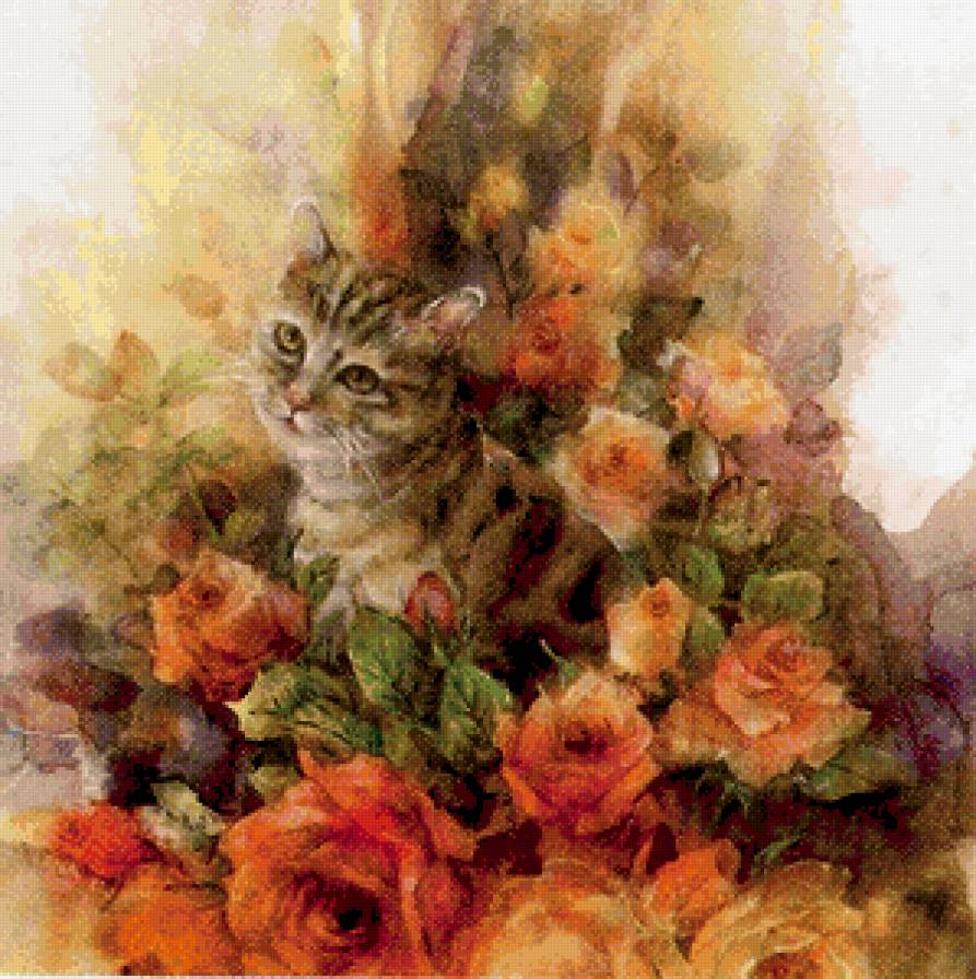 Кошка в розах - розы, кот, цветы, кошка - предпросмотр