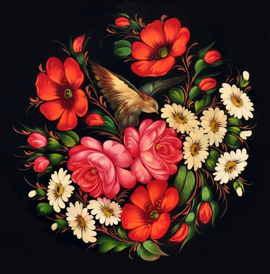 жостовская роспись - роза, белые цветы, жостово, птицы, ромашка, розовые цветы - оригинал