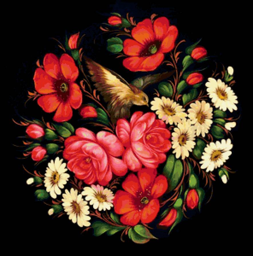 жостовская роспись - розовые цветы, белые цветы, роза, ромашка, птицы, жостово - предпросмотр