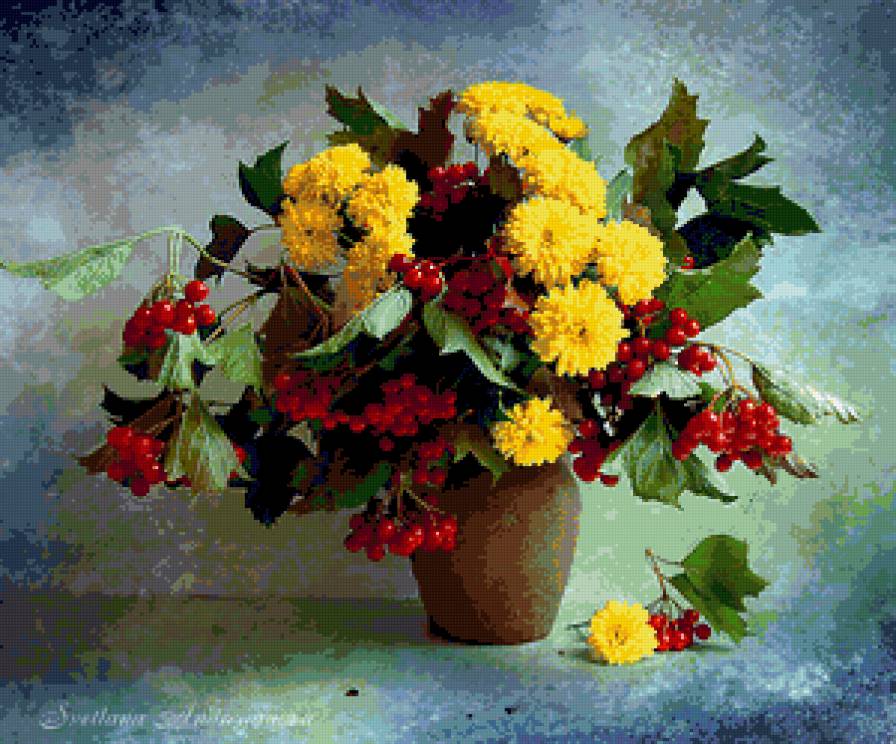 Серия "Букет" - цветы, золотые шары, букет, ягоды, рябина - предпросмотр